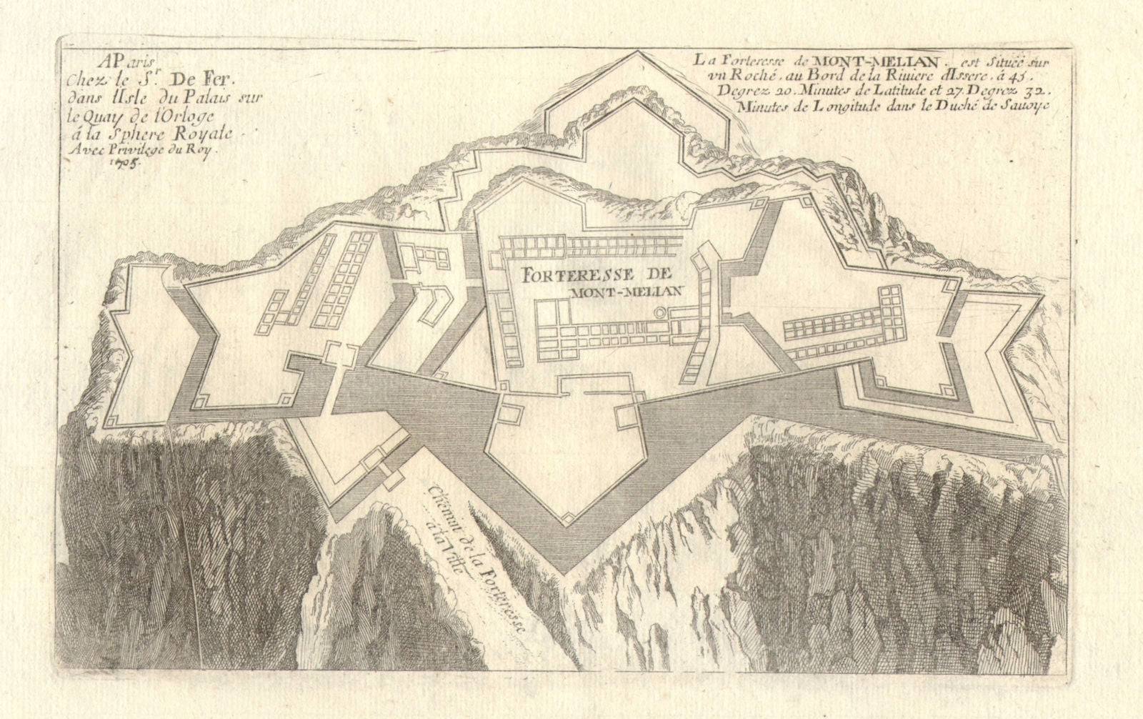 'La forteresse de Mont-Melian'. Montmélian fortress. Savoie. DE FER 1705 map